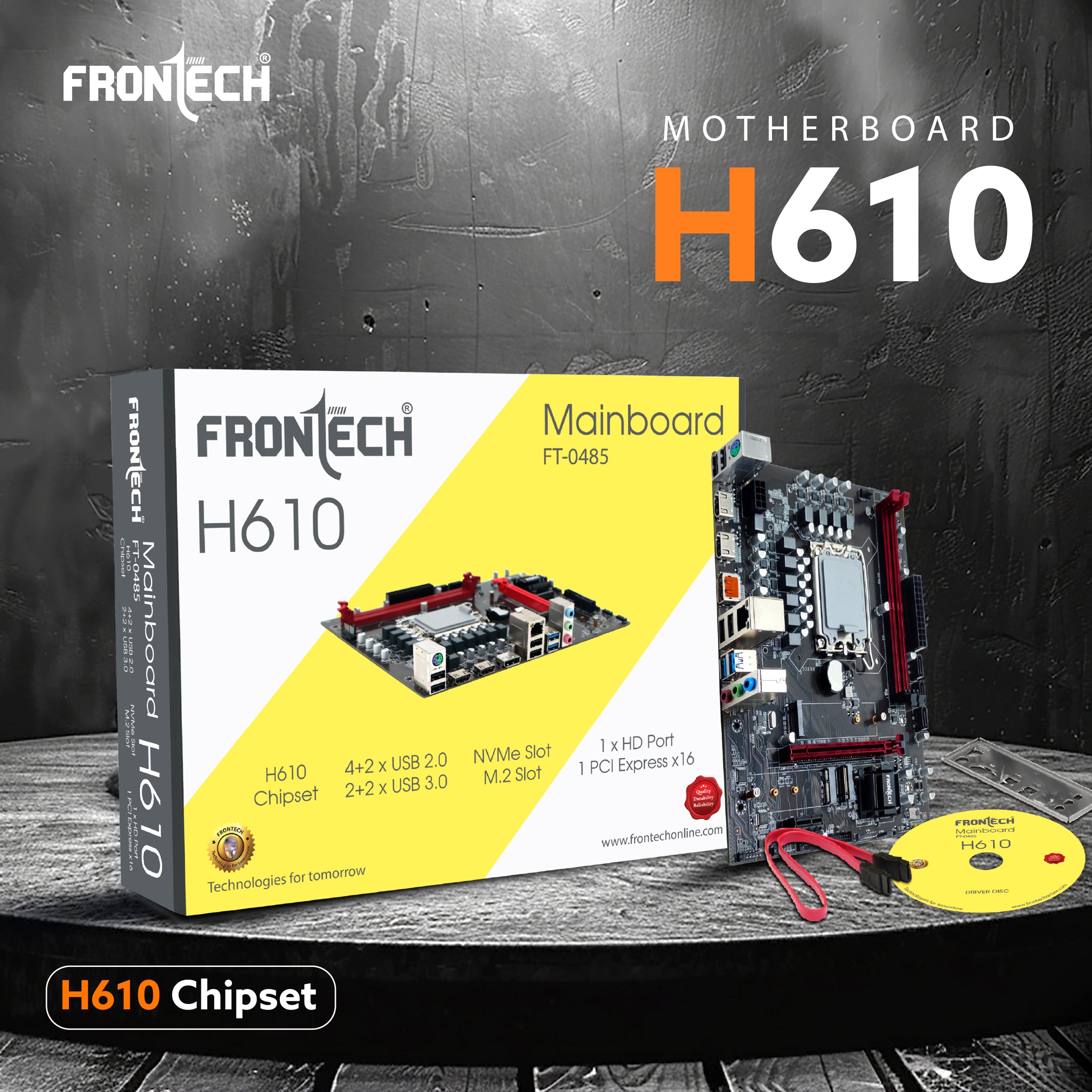 Frontech H610 Motherboard | Supports 12th Gen CPUs (LGA 1700), DDR4 3200, Realtek Audio, 2xUSB 3.0, 4xUSB 2.0, 3xSATA, NVMe/M.2, HDMI, VGA, PCIe x16 (FT-0485) Frontech H610 Motherboard | Supports 12th Gen CPUs (LGA 1700), DDR4 3200, Realtek Audio, 2xUSB 3.0, 4xUSB 2.0, 3xSATA, NVMe/M.2, HDMI, VGA, PCIe x16 (FT-0485)
